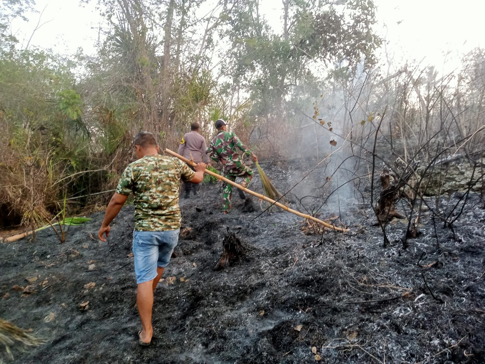 Babinsa dan Warga Padamkan Kebakaran Lahan Perhutani di Besole